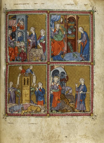Tilføje. 27210, f.12v Scener fra Anden Mosebog: Luseplagerne, frøerne, murrain og pest, illustrationer fra 