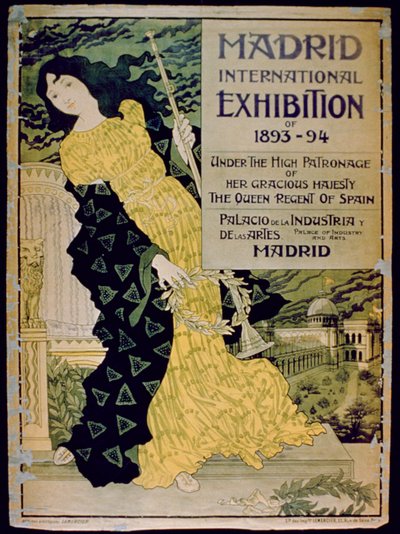Annonce for den internationale udstilling i Madrid 1893-94 i Palace of Industry and Arts, Madrid, 1893 af Spanish School