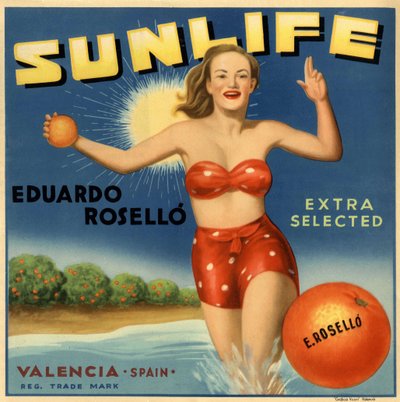Reklame for appelsiner, billede af en kvinde i badedragt. Reklameplakat, Valencia af Spanish School