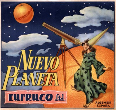 Annoncering med en tryllekunstner, der observerer "" den nye planet Orange""". Reklameplakat, Valencia af Spanish School