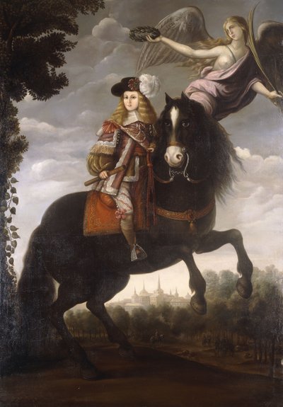 Et rytterportræt af kong Charles II, fuld længde, i en rød frakke med hvid trim, kronet med en laurbær af en engel, Madrid i det fjerne, ca. 1685 af Spanish School