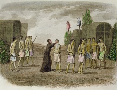 En indfødt slave af Tupinamba-stammen bliver døbt af en jesuiterpræst nær Bahia i 1550 af Spanish School