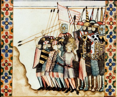 Armee des croises Detalje af en side taget fra et manuskript af Sangen Marias sang (Cantigas de Santa Maria), dekorerende miniaturer dedikeret til Sankt Maria og hendes mirakler, en samling af sange redige under regen af Alfonso X den vise (1221- 1284). af Spanish School