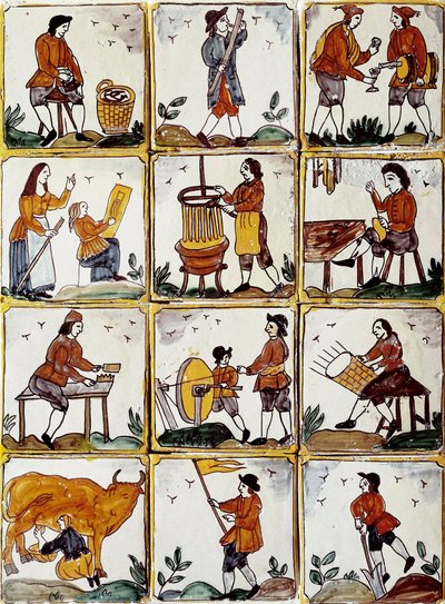 Håndværksfag: skomager, bødker, fletkurvfabrikant, vinmager, tegnelecon, musiker, komalkning, slibemaskine, landmand, ebenist. Catalanske keramiske fliser (Spanien) af Spanish School