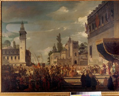 Christopher Columbus præsenterer oprindelige folk på Ferdinand II og Isabella 1. af Castilla i Barcelona: præsentationen af indbyggerne i Amerika for katolske konger af opdagelsesrejsende Christopher Columbus (1451-1506). Maleri af Garcia Ibanez af Spanish School