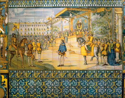 Festligheder i Valladolid til ære for Filip II af Spanien i maj 1559. Fliser fra skolen i Talavera i Pimentel-familiens palads, Valladolid. af Spanish School