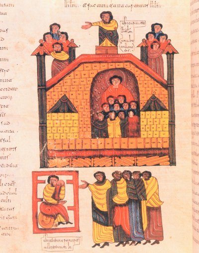 Erobring af Jerusalem af Nebukadnezzar og profeten Jeremias, der modtager byens dignitærer, fol.283v., fra den visigotisk-mozarabiske bibel fra St. Isidores, 960 e.Kr. (tempera på vellum) af Spanish School