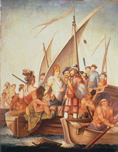 Erobring af Mexico: Garcia de Holguin fanger Guatimozin (olie om bord) af Spanish School