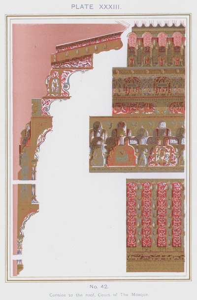 Gesims til taget, Court of The Mosque (farve litho) af Spanish School