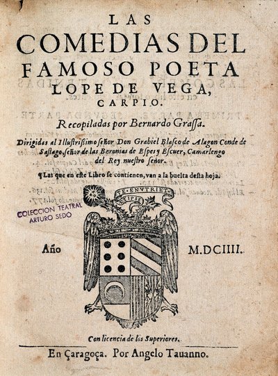 Forside til The Comedy of the Famous Poet Lope de Vega, af Felix Lope de Vega Carpio (1562-1635), udgave af 1604 (trykt monografi) af Spanish School