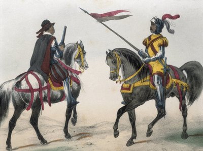 DE SOTTO, Serafin Maria, jarl af Clonard (1793 - 1862). Historia organica de las armas de Infanteria y Caballeria espanolas. 1851 - 1859. Kavalerister under Phillip II af Spaniens regeringstid. "Heraldo de caballeria" (våbenherold) og "hombre de armas" (Ma af Spanish School