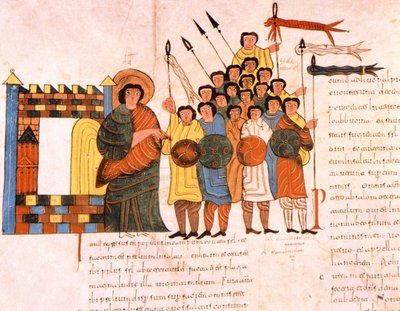 Kong Davids hærs afgang til krig, fra St. Isidores visigotisk-mozarabiske bibel, fol.131v., 960 e.Kr. (tempera på vellum) af Spanish School