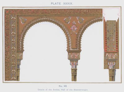 Detaljer om buerne, Hall of the Abencerranges (farve litho) af Spanish School