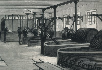 Økonomi (1800-tallet). Papirfabrik i Spanien "" La Guipuzcoana "". Cylinderrum og hvidvasker af fabrikken beliggende i Tolosa (Guipuzcoa). gravering af Spanish School