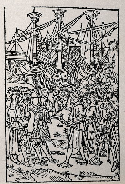 Indgravering i Vespasians historie, trykt i 1495 i Zaragoza (s/h-illustration) af Spanish School