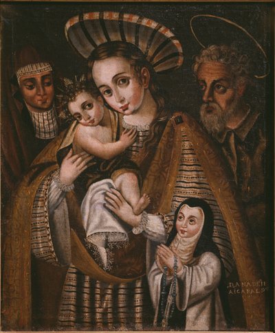Ex voto, hellig familie med St. Anne og nonnen i klosteret, Ana de Ibaizabal af Spanish School