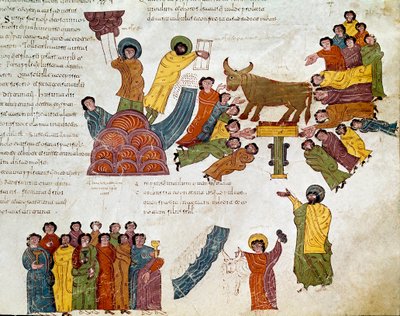 Exodus: "" tilbedelsen af guldkalven""" Moses og lovens tavler. Miniature fra en mozarabisk bibel. 10. århundrede. Leon. Bibliotek for Royal Collegiale of Saint Isidore. Spanien af Spanish School