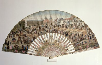 Fan, der viser Plaza de la Cebada, Madrid (elfenben og gouache på papir) af Spanish School
