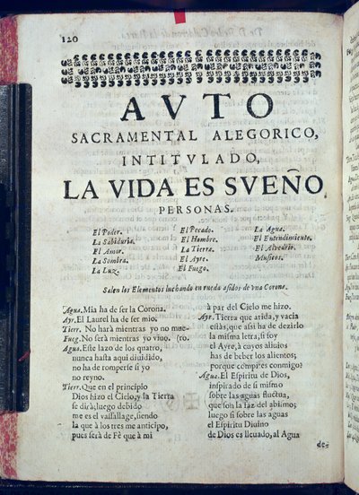 Første side af La Vida es Sueno fra Los Autos Sacramentales af Pedro Calderon de la Barca (1600-81) redigeret af Juan Garcia Infanzon, 1690 (trykt papir) af Spanish School