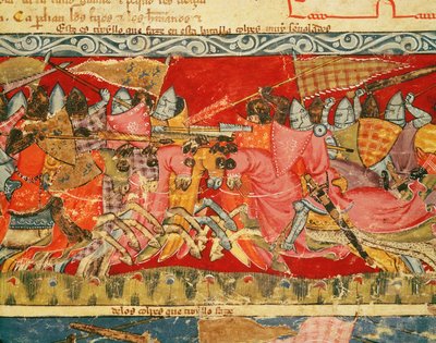 Fol.110r Kamp mellem grækere og trojanske heste, fra Codex Benito Santa Mora af Spanish School