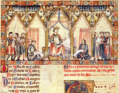 Fol.5r Hoffet til Alfonso X (1221-84) den Vise, konge af Castilla y Leon, miniature fra Cantigas de Santa Maria af Spanish School