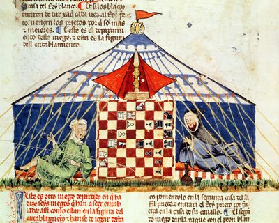 Fol.62v To arabere, der spiller skak i et telt, fra bogen om spil, skak, terninger og brædder, 1282 af Spanish School