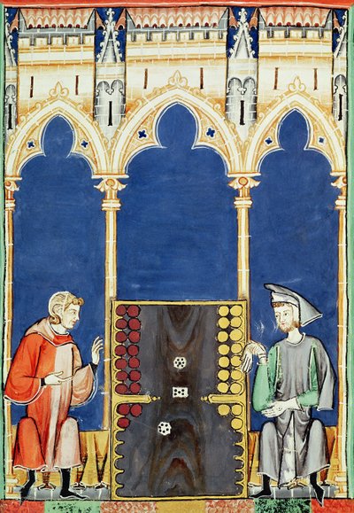 Fol.85v To backgammonspillere, fra bogen om spil, skak, terninger og brædder, 1282 af Spanish School