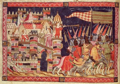 Fol.86v The Trojans Leaving for Battle, fra Codex Benito Santa Mora af Spanish School