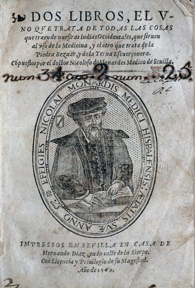 Frontispice, med portrættet af Nicolas Monardes (1493-1588) af en medicinbog fra øerne i det spanske Caribien og brug af bezoard (anti-gift). Værk af Nicolas Monardes, udgave 1569, af Hernando Diaz, i Sevilla. Universitetsbiblioteket i af Spanish School