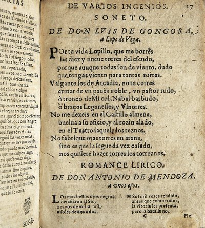 GOGOORA Y ARGOTE, Luis de (1561-1627). Spansk digter fra det gyldne århundrede; VEGA CARPIO, Felix Lope de (1562-1635). Soneto a Lope de Vega" (Sonet til Lope de Vega), digt inkluderet i "Poesias varias de grandes ingenios espanoles", samling lavet af Ios af Spanish School