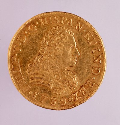 Guldmønt (8 ecu) fra Spanien: Filips (Filippo eller Philippe) V (1700-1746) regeringstid. 1739 Diam. 3,6 cm Napoli, museo archeologico af Spanish School