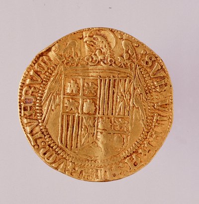 Guldmønt fra Spanien: regeringstid af katolske konger Ferdinando og Isabella (Ferdinand II af Aragon og Isabella I af Castilien). 1474-1516 Diam. 2,7 cm Napoli, museo archeologico af Spanish School