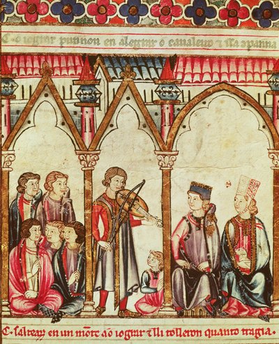 Gruppe af trubadurer, illustration fra Cantigas de Santa Maria, lavet under ledelse af Alfonso X (Den Vise) konge af Castille og Leon (1221-84) (se også 56625) af Spanish School
