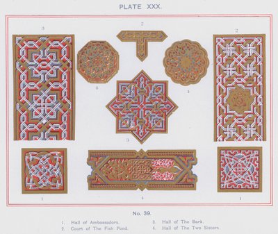 Hall of Ambassadors, Court of The Fish Pond, Hall of The Bark, Hall of The Two Sisters (farve litho) af Spanish School