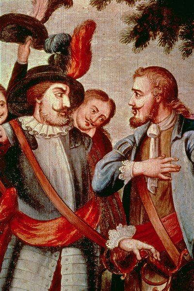 Hernando Cortes (1485-1547) og Diego di Velasquez (1465-1524) (olie på lærred) (detalje) (se 113574) af Spanish School