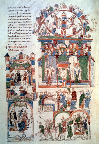 Salomons historie: "" Kong Salomon modtager hyldesten"" Side (fol. 129 v;) taget fra "" Bibelen om Roda"" (man. lat. 6) lavet i Spanien i det 11. århundrede. Paris, B.N. af Spanish School