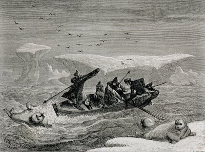 Jagt hvalros med harpuner på Spitsbergen-øerne, Svalbard-øgruppen, illustration fra 
