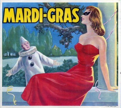 Illustration af en Mardi-Gras-fest (Mardi Gras) forklædning med en pjerrot og en maskeret kvinde. Reklame, Valencia, 20. århundrede. af Spanish School