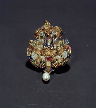 Smykker: diamantvedhæng, emalje på guldrund, smaragd og perle, der repræsenterer Daniel i løvegraven. 1550-1600. Fra Spanien. Paris, Louvre-museet af Spanish School