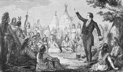 Joseph Smith, grundlægger af mormonkirken, prædiker for indianere, fra 