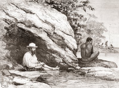 Jules Crevaux, under sin udforskning af Fransk Guyana i 1878, i skyggen af en klippe på bredden af Oyapock- eller Oiapoque-floden af Spanish School