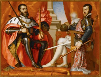 Karl V med sin søn Philipp II ... (maleri på lærred) af Spanish School