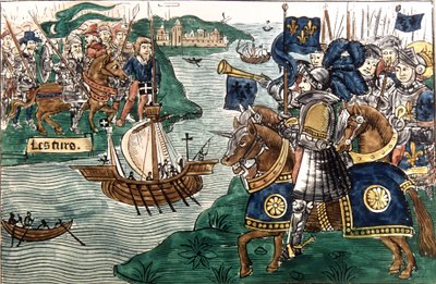 Kong Ludvig IX (1214-70) og korsfarerne ankom til Kartago i 1270 (vellum) af Spanish School