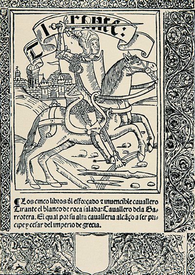 Ridder på sit bjerg, Frontispice af det spanske værk Tirant lo Blanc af Joanot MARTORELL (1413-1468) af Spanish School
