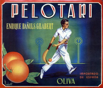Etiket til appelsiner "" Pelotari"" produceret af Oliva i Valencia, Spanien. Illustration af en baskisk boldspiller, det 20. århundrede. af Spanish School