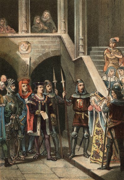 Leonor de Guzman favorit af kong Alfonso XI stoppet og henrettet af Don Alfonso Fernandez de Olmedo, under ordre af dronning Mary af Portugal, i det 14. århundrede. i "" Skønhedskulturen"" af Juan Justo Huguet, Molinas Hermanos redaktører af Spanish School