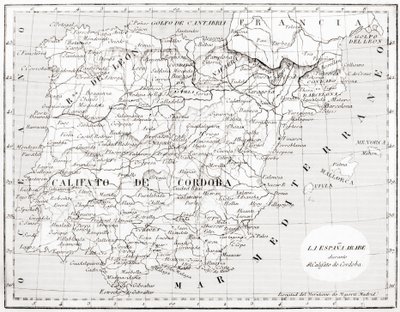 Kort over Spanien, der viser Kalifatet Cordoba af Spanish School