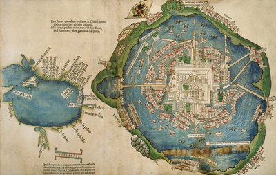 Kort over Tenochtitlan og den Mexicanske Golf, fra Praeclara Ferdinadi Cortesii de Nova maris Oceani Hyspania Narratio af Hernando Cortes (1485-1547) 1524 af Spanish School