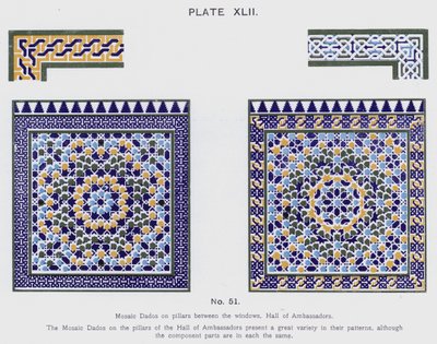 Mosaik Dados på søjler mellem vinduerne, Hall of Ambassadors (farve litho) af Spanish School
