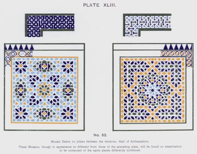 Mosaik Dados på søjler mellem vinduerne, Hall of Ambassadors (farve litho) af Spanish School